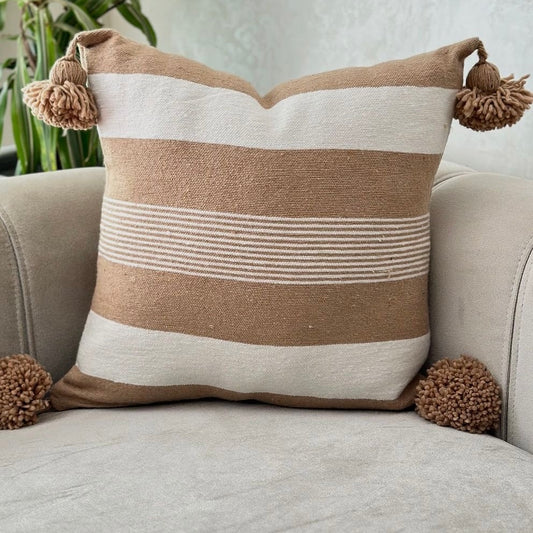 Housses de coussin avec pompons Écru & marron – 100% coton