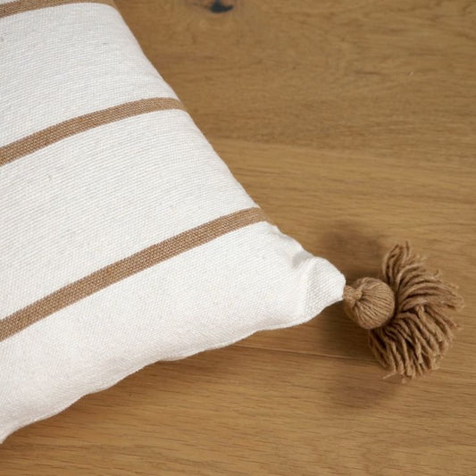 Housses de coussin avec pompons Ecru & marron– 100% coton