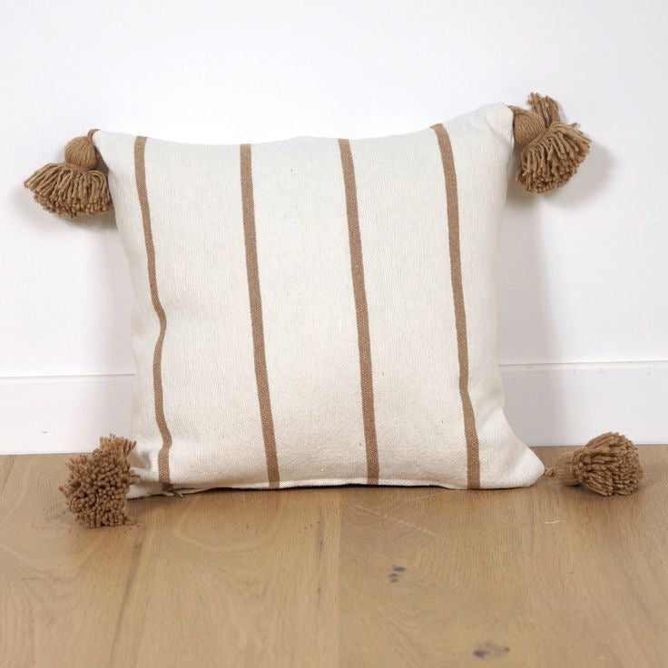 Housses de coussin avec pompons Ecru & marron– 100% coton