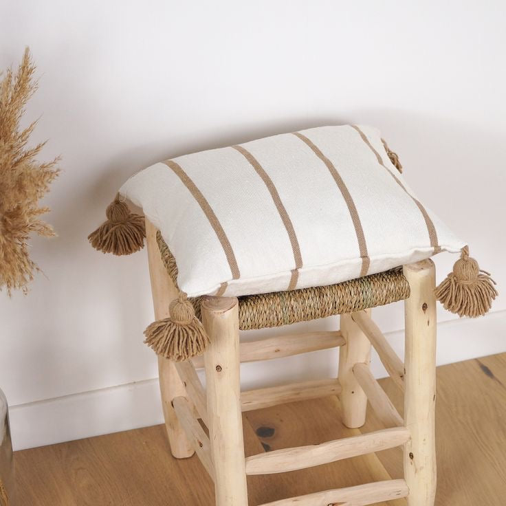 Housses de coussin avec pompons Ecru & marron– 100% coton