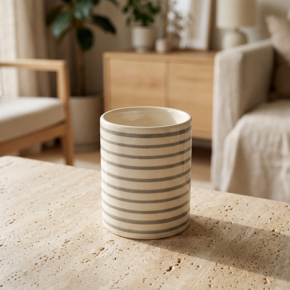 Le pot a rayures gris et blanc