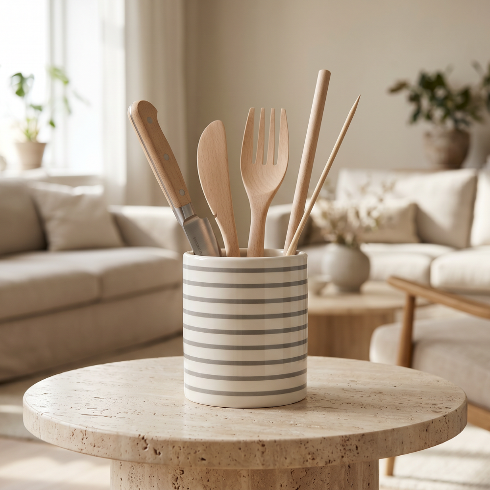 Le pot a rayures gris et blanc