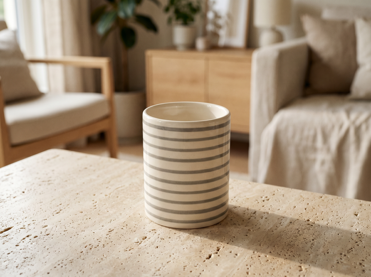 Le pot a rayures gris et blanc